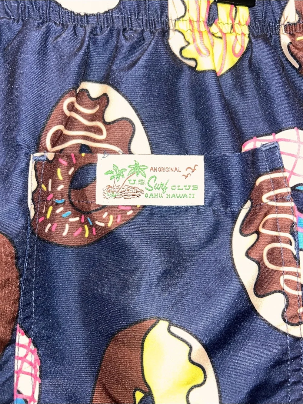 Men's Navy Donut Print Swim Trunks with Red Drawstring